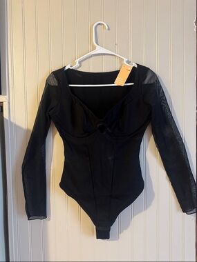 Black Long-Sleeve Mesh Bodysuit